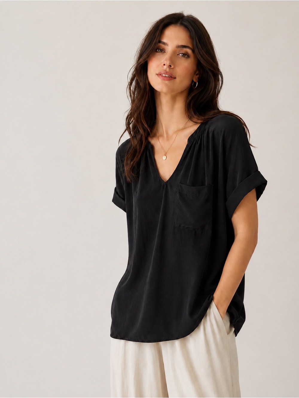 JOIE Silk Rolled Sleeves Oversized Top